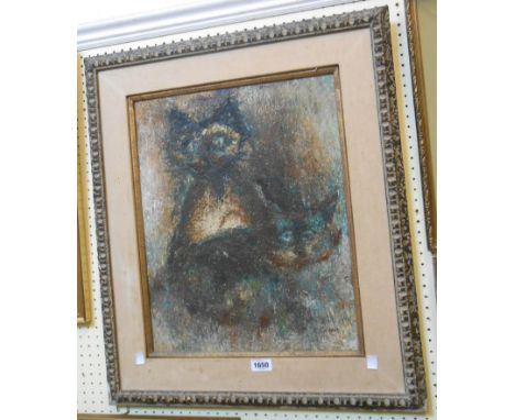 A vintage painted wood and hessian framed abstract oil on canvas study of two Siamese cats, in dark palette with deep impasto