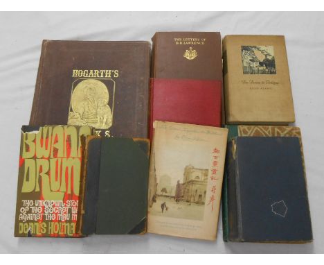 A box containing a small collection of vintage hardback books including The Letters of D.H. Lawrence 1932, Hogarth's Works an