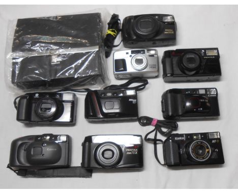 Ten vintage cameras including Nikon, Konica, etc.