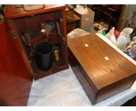 A vintage mahogany fitted microscope box containing a quantity of collectable items including magnifying lens, etc. - sold wi