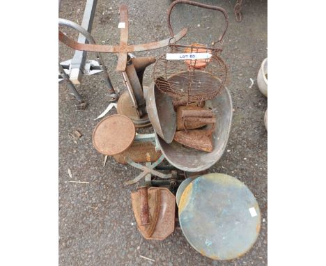 Five rusted metal kitchen scales - sold with four old flat irons