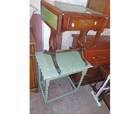 A green painted barley twist occasional table and a white painted double towel rail - sold with a reproduction yew wood sofa 