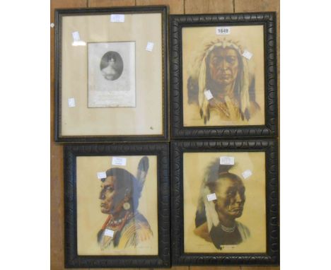 Three matching framed vintage portrait prints, depicting Native Canadians - sold with another portrait print (foxed)