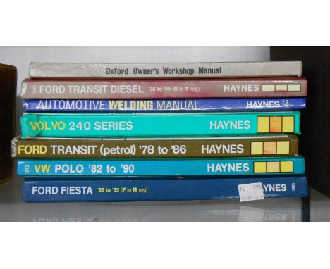 Six Haynes workshop manuals including Volvo 240, VW Polo and others, also a Morris Oxford workshop manual