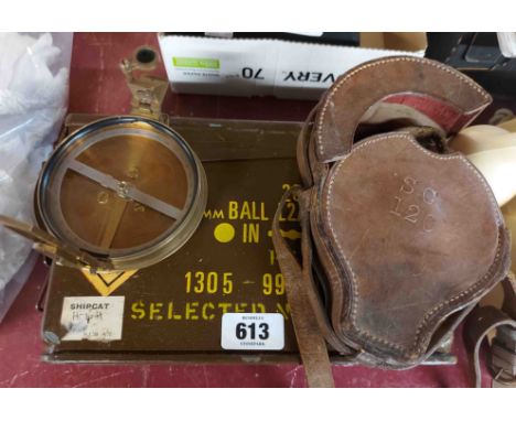 A small ammunition tin - sold with a leather cased brass Cooke, Troughton &amp; Sims military compass