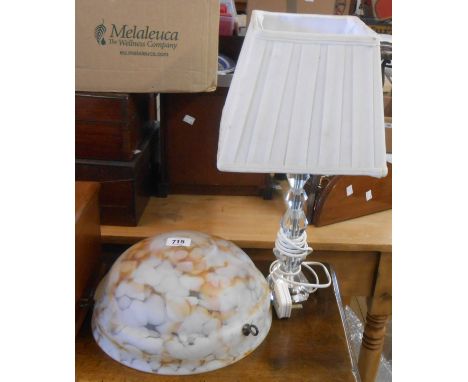 A 1930's glass ceiling lamp of domed form with internal mottled enamel decoration - sold with a faceted glass table lamp