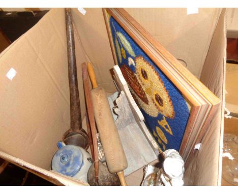 A box containing a quantity of collectable items including carved wood ladle, embroidered owl picture, wooden shelf, etc.