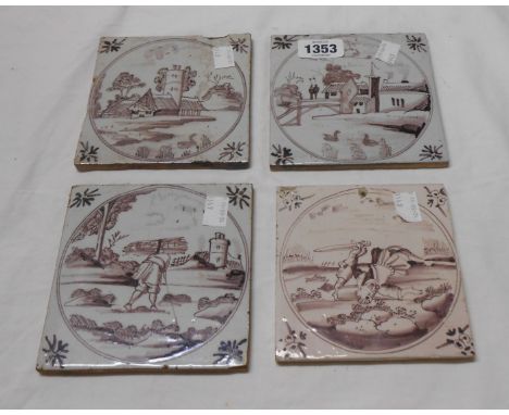 Four 18th Century English delftware tiles with hand painted manganese decoration, depicting pastoral and allegorical scenes -
