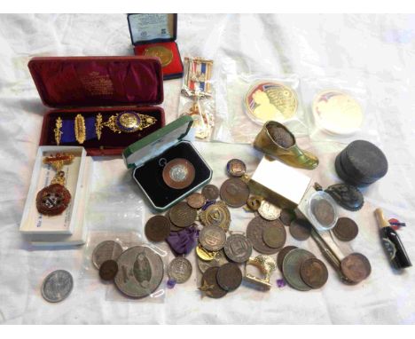 A box containing silver, medals and medallions including silver gilt and enamelled R.O.A.B medal for a Bro. D. Worth, past pr