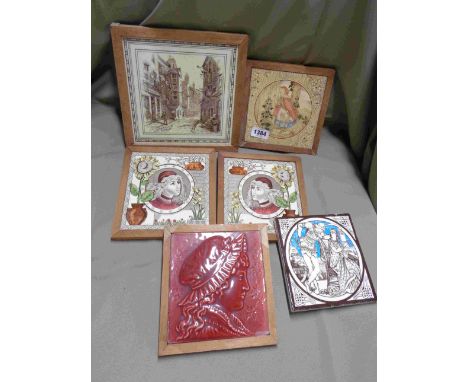 Six Victorian pottery tiles including Mintons Moyr-Smith, Kate Greenaway style, Edinburgh street scene examples, etc. - all s