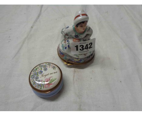 A French porcelain trinket box of risqué form, depicting a lady in 19th Century dress using a chamber pot - sold with a Halcy