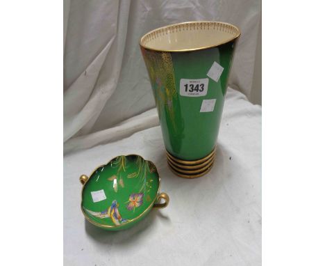 An Art Deco Carlton Ware pottery vase, in the Vert Royale range with enamel and gilt decoration, depicting exotic birds amids