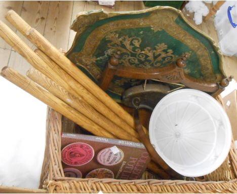 A wicker basket containing a quantity of collectable items including opaque moulded glass ceiling light, gong, etc.