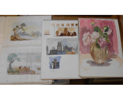 Marie W. Hiorns: a hardback sketch book containing watercolour and mixed media landscapes, named views, various floral and ot