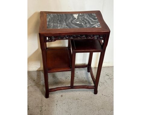 Chinese style side table with pierced scroll work frieze and two stepped tiers, 48 x D31 x H68cm 