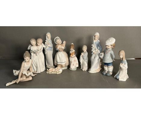 Ten Lladro and Nao figurines to include a boy with a football, Girl with a lamb and a girl with a fruit bowl 