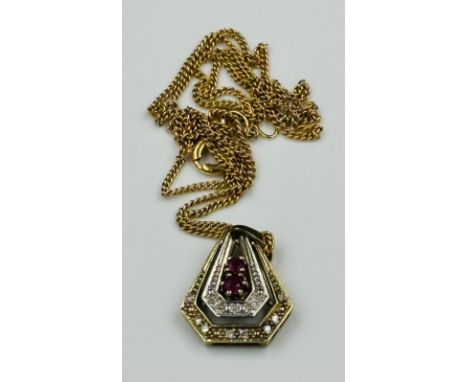 A 9ct gold ruby and diamond pendant and extra fine chain with an approximate weight of 3.6g