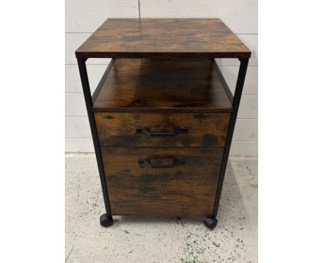An industrial style side table on castors with two drawers and single shelf Height 66 42x44