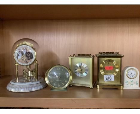 2 QUARTZ CARRIAGE CLOCKS, GLASS DOME CLOCK DEPICTING DOGS, 1 ALARM CLOCK &amp; 1 SMALL MINI CLOCK
