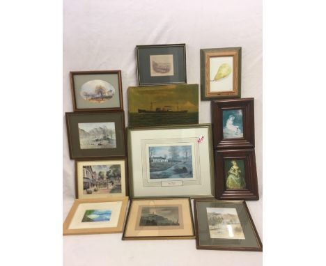 A CARTON OF ASSORTED WATERCOLOURS AND PRINTS AND A PORTRAIT OF A STEAM SHIP ON CANVAS.