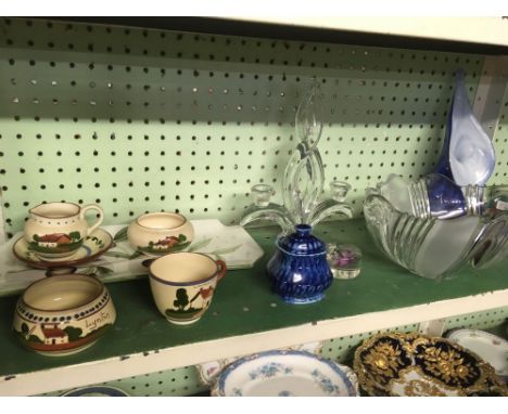 SHELF OF POTTERY &amp; GLASS INCL: MOTTO WARE, PAPERWEIGHTS ETC