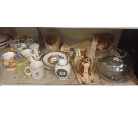 SHELF OF MISC COFFEE MUGS, THE GREATEST SHOW ON EARTH, SALT JAR, SPHINX &amp; OTHER GLASSWARE