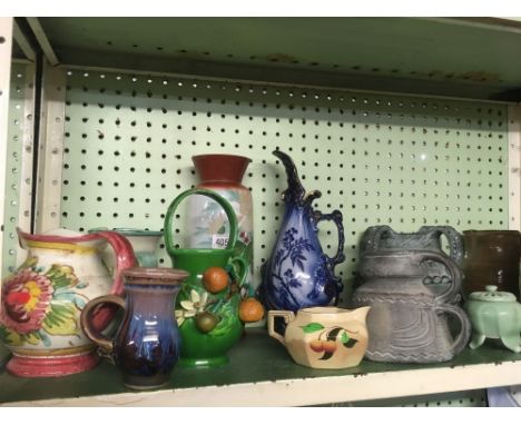 SHELF OF VARIOUS POTTERY JUGS &amp; VASES