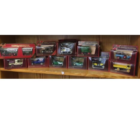 SHELF OF 11 BOXED VINTAGE LORRIES &amp; CARS
