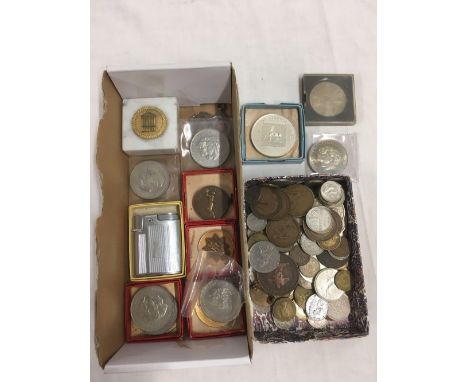 CARTON OF MISC COINS, CIGARETTE LIGHTER, MEDALLIONS, SILVER FOBS