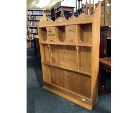 ORNATE STRIPPED PINE KITCHEN WALL SHELF, 32" WIDE