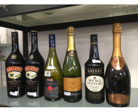 2 X 1ltr BOTTLE OF BAILEY, 75cl BOTTLED CAVA BRUT, 75cl BOTTLE CHARDONNAY DRY, 75cl BOTTLE MEDIUM SWEET SHERRY, 1 BOTTLE MILL