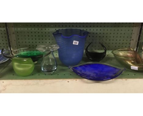 SHELF OF GLASS VASES, BOWLS ETC