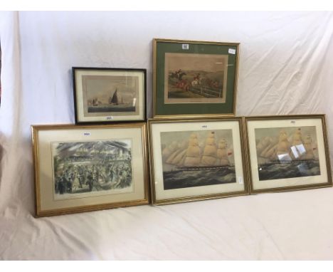 2 MARITIME PRINTS OF TALL SHIPS, 2 OTHER MARITIME PRINTS &amp; A FOX HUNTING PRINT