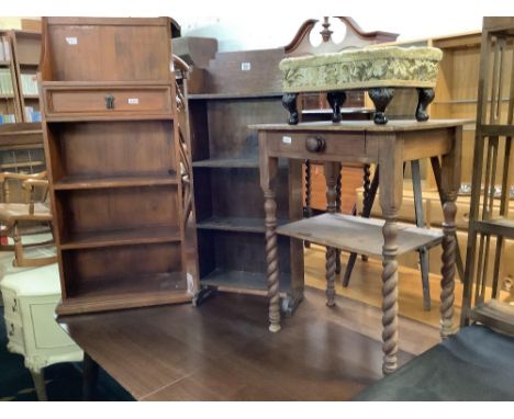 MAHOGANY, OAK BOOK SHELF, SMALL PINE TABLE WITH SHELF UNDER &amp; BARLEY TWIST LEGS &amp; SMALL UPHOLSTERED FOOT STOOL