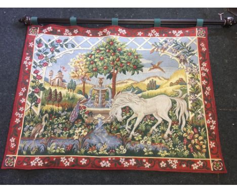 LARGE EMBROIDERED WALL HANGING TAPESTRY OF UNICORN IN LANDSCAPE, 4ft X 3ft