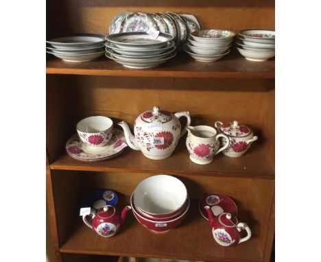 3 SHELVES OF VARIOUS CROCKERY INCL: TEA POTS, BOWLS, PLATES, SAUCERS ETC