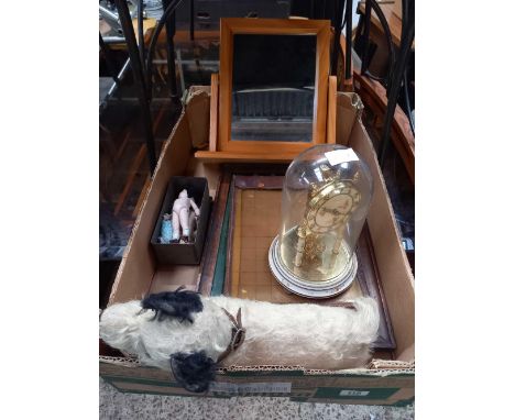 CARTON WITH A TORSION CLOCK, SMALL WOOD FRAMED SWING MIRROR, VINTAGE SCOTTY DOG, A REVERSE GLASS PRINT, GLASS CRACKED &amp; A
