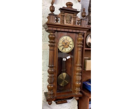 CARVED MAHOGANY VIENNA STYLE STRIKING WALL CLOCK WITH BRASS &amp; ENAMEL FACE