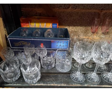SHELF WITH LARGE QTY OF BOXES &amp; LOOSE DRINKING GLASSES