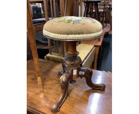 MAHOGANY TRIPOD CARVED LEG TAPESTRY REVOLVING STOOL WITH YEW WOOD HALF MOON HALL TABLE