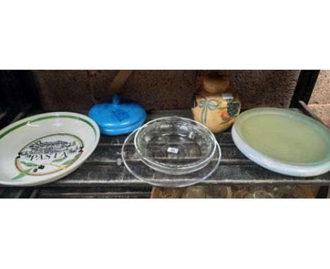 SHELF OF CHINA &amp; GLASS INCL; A PASTA DISH, BLUE LIDDED DISH &amp; GINGER JAR
