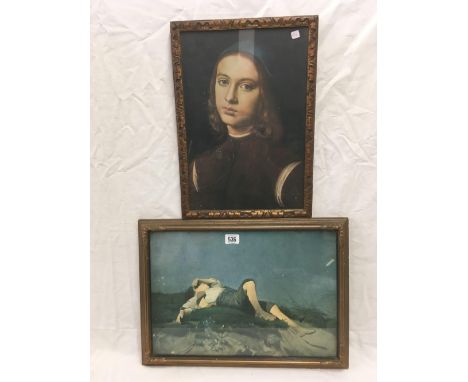 COLOUR PRINT IN DECORATIVE GILT FRAME OF A BOY RESTING ON A HILLOCK, SIGNED F LENBACH 1880  PLUS A PORTRAIT IN A GOOD GILT FR