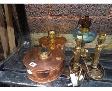 2 VINTAGE ANTIQUE PJ BRYANT MADE IN BRISTOL COPPER OIL LAMPS, 1 WITH ONE WICK THE OTHER WITH TWO, MODERN CANDLESTICK , VINTAG