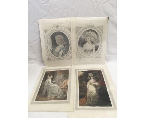 3 ANTIQUE COLOURED PRINTS ON VELLUM OF LADIES IN 18THC COSTUME TOGETHER WITH ANOTHER DAMAGED EXAMPLE.  UNFRAMED.  (4)
