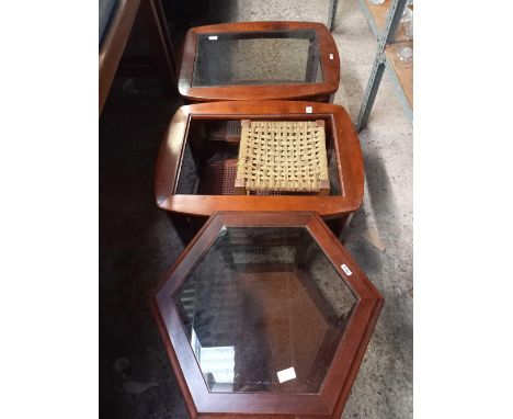 MAHOGANY GLASS TOP TABLE &amp; A TABLE MINUS GLASS WITH WICKER SHELF UNDER, STRING TOP STOOL &amp; HEXAGONAL MAHOGANY GLASS T