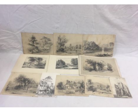 FOLDER OF 11 FINE QUALITY PENCIL DRAWINGS WITH DATES BETWEEN 1820S-1840S.  ARTISTS NAMES INCLUDING SAMUEL PROUT AND JAMES POO