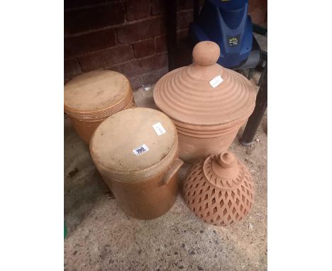 2 SALT GLAZED BRINE POTS WITH LIDS, 1 CLAY POT WITH LID &amp; 1 RED CLAY GARDEN CANDLE LIGHT