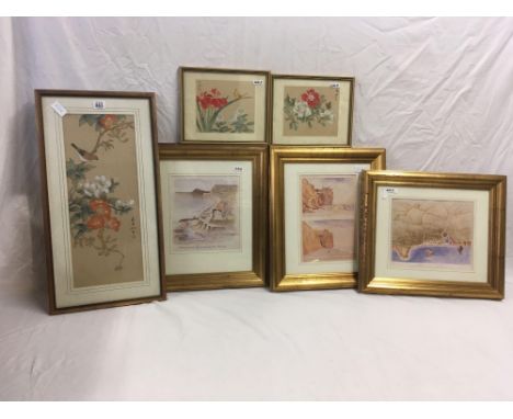 3 GILT FRAMED PRINTS OF HISTORIC SIDMOUTH, ORIENTAL PRINT OF BIRDS &amp; 2 OF BUTTERFLIES 