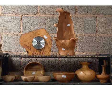 QTY OF TREEN ITEMS MADE FROM SYCAMORE &amp; OTHER WOODS INCL: A BAROMETER BY HORSES OF TROY, FOWEY, CORNWALL