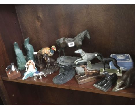 SHELF OF METAL &amp; CHINA FIGURINES OF DOGS, DOLPHINS, HORSES ETC &amp; WEDGWOOD BOX